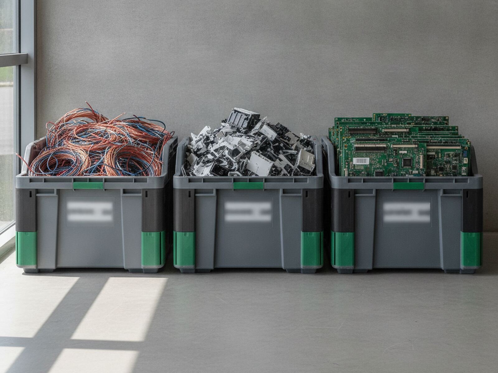 Sorted e-waste material bins